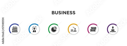 business filled icons with infographic template. glyph icons such as business graph, angry boss, quarter pie chart, sleepy worker at work, american dollar bill, boss reading a document vector.