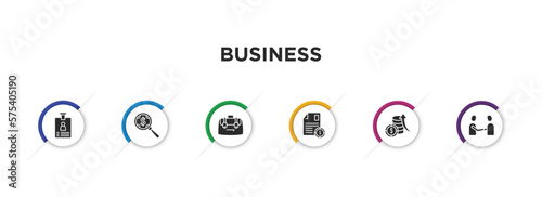 business filled icons with infographic template. glyph icons such as identity card, money searcher, bussines briefcase, stock dealing, money investment, men shaking hands vector.