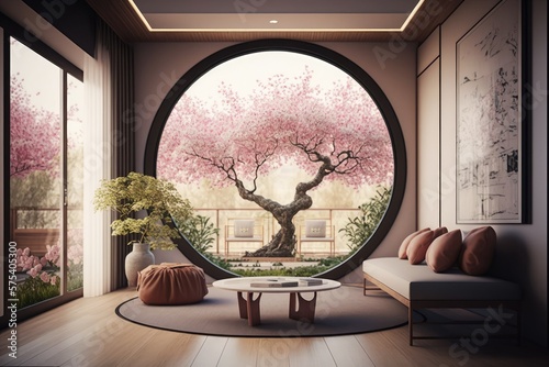 View of cherry blossom trees from a Japanese living room. Generative AI