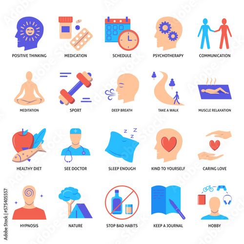Stress relieve methods icon set