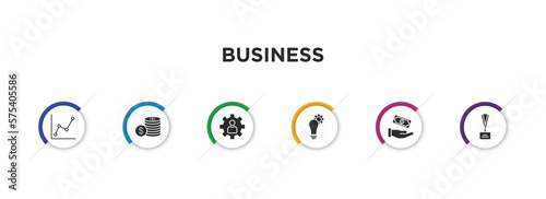 business filled icons with infographic template. glyph icons such as graphic chart, stacks of coins, expert, strategic, give money, lanyard vector.