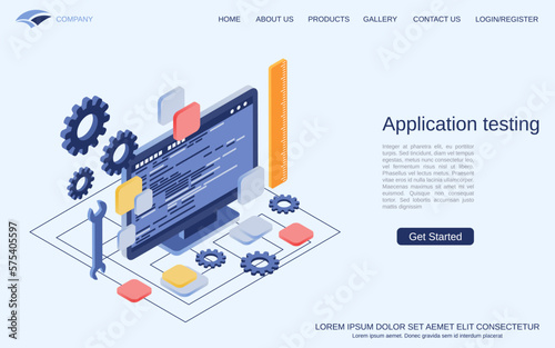 Application testing, program coding, GUI construction flat 3d isometric vector concept illustration