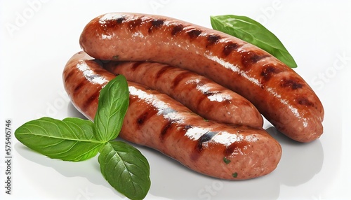 Grilled bratwurst Pork Sausages with basil leaves, close-up, isolated on white background. Generative AI.