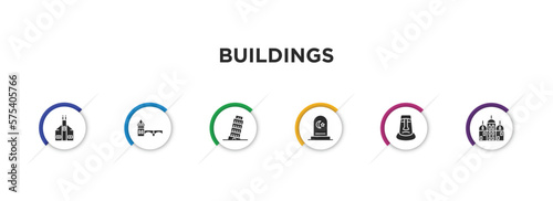 buildings filled icons with infographic template. glyph icons such as moot hall, charles bridge, pisa tower, islamic cemetery, rapa nui, gurdwara vector.