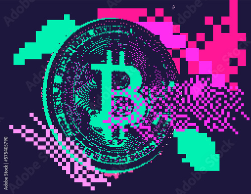 Pixel art of a 3D bitcoin currency on a glitched background background.