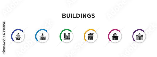 buildings filled icons with infographic template. glyph icons such as buddhist temple, goverment building, notre dame, space, pagoda, brandenburg gate vector.