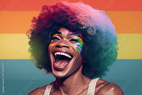 Young transgender person laughing with colorful flag on the background. Generative AI