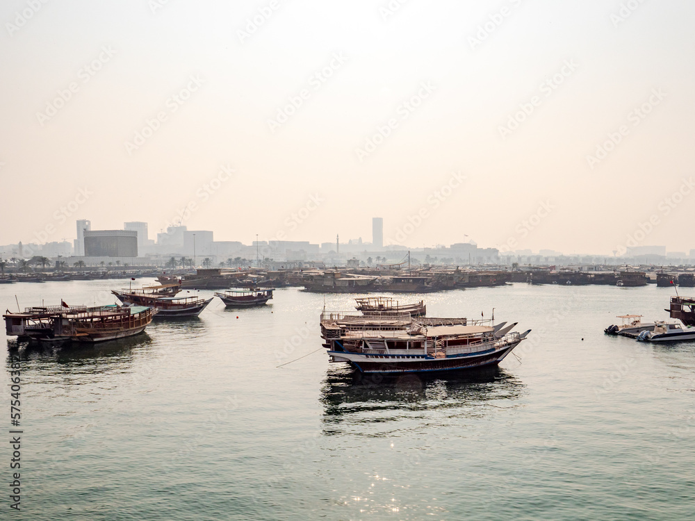 Beautiful view of the bay and boats in the city of Doha the capital of the country Qatar