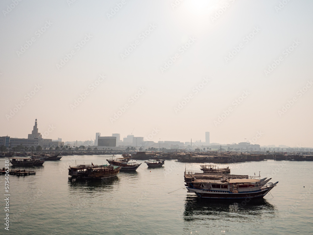Boats in the Persian Gulf in Doha in the State of Qatar