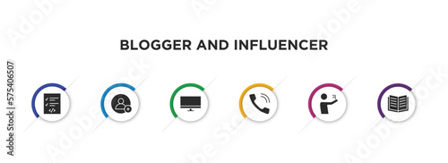 blogger and influencer filled icons with infographic template. glyph icons such as script, follower, web, phone, selfie, literature vector.