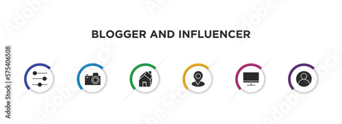 blogger and influencer filled icons with infographic template. glyph icons such as filter, camera, home, placeholder, monitor, profile vector.