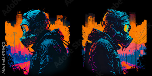 Stylized image of a person wearing a gas mask walking in urban area. Isolated on black background. A set of two versions. Generative AI photo