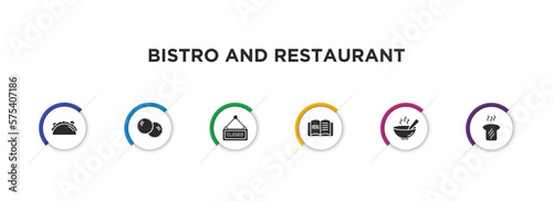 bistro and restaurant filled icons with infographic template. glyph icons such as mexican food, pita bread, closed, open menu, hot soup, toasted bread vector.