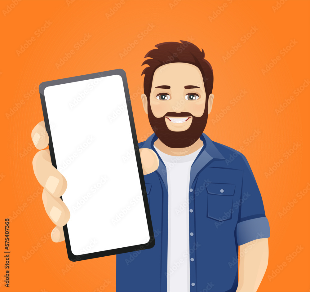 Handsome man showing blank phone screen on orange background vector illustration 