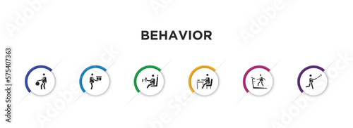 behavior filled icons with infographic template. glyph icons such as carry garbage, stick man with box, man driving, man eating, on treadmill, taking a selfie vector.