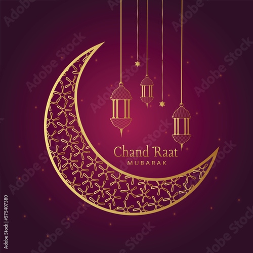 Vector illustration of crescent moon and lamp on Chand Raat Mubarak (Happy Eid moon to you) background
