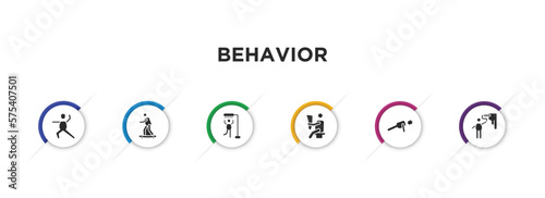 behavior filled icons with infographic template. glyph icons such as man warming up, man skating, man showering, reading newspaper, stick push up, painting wall vector.