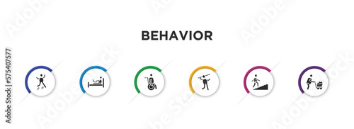 behavior filled icons with infographic template. glyph icons such as stick man jumping, laptop chatting on bed, man on wheelchair, man throwing javelin, climbing stairs, wirth carry vector.