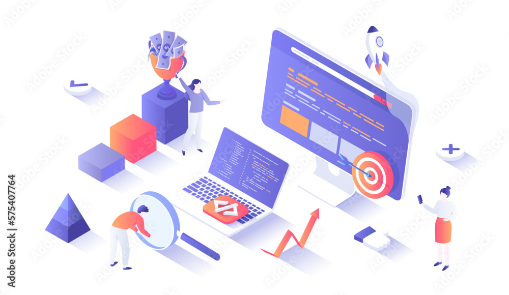 Website Optimization, Search Engine Optimization, SEO strategy. Web analytics, management and marketing. Keywording, Reporting, Links building. Isometry illustration with people scene for web graphic. Website Optimization, Search Engine Optimization, SEO strategy. Web analytics, management and marketing. Keywording, Reporting, Links building. Isometry illustration with people scene for web graphic.