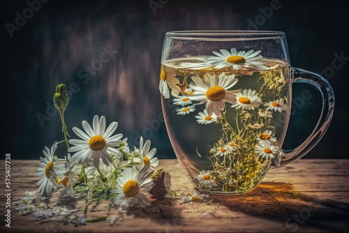 Healthy herbal drinks and natural healing concept; chamomile tea and flower buds on a wooden table with a camomile bouquet; closeup; copy space. Generative AI