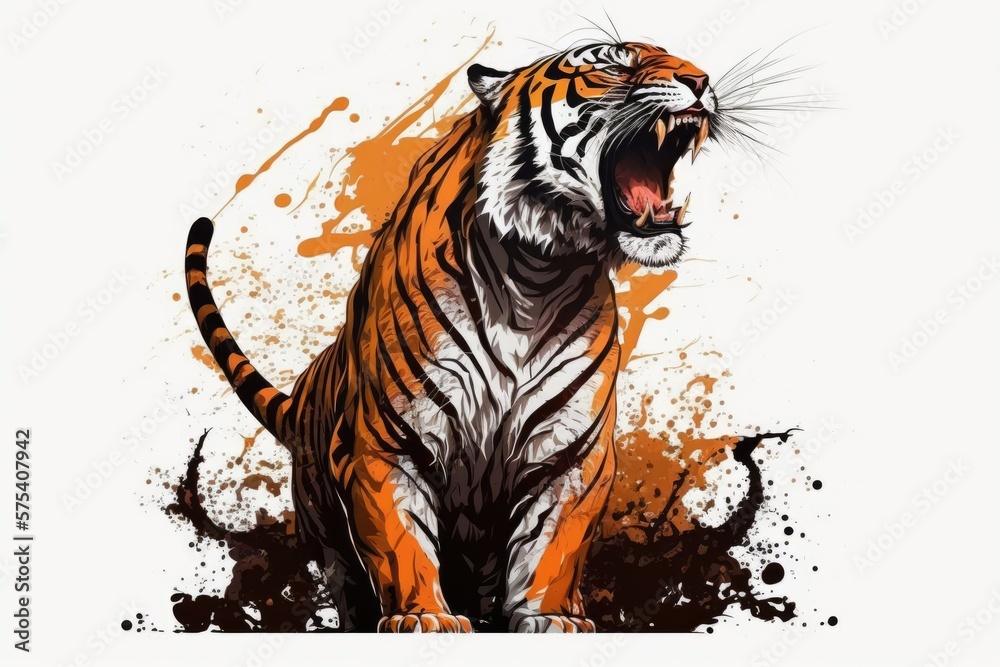 Isolated on white, a roaring tiger stands. Generative AI