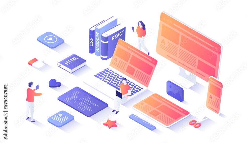 Front-end Development, Creating a site layout, template. Converting data into a graphical UI UX interface. Web development, design, graphic, usability. Isometry illustration with people scene for web