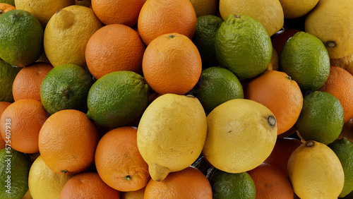 3D render of citrus fruits, oranges and lemons, limes background
