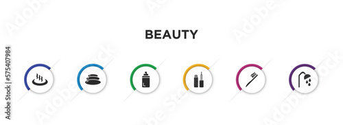 beauty filled icons with infographic template. glyph icons such as hot spring, stone massage, baby powder, liner, teeth brush, shower place vector.