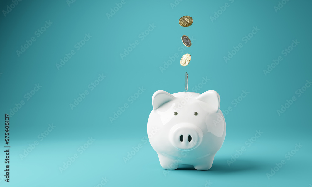 Piggy bank. Money box with falling coins. moneybox investing, 3D rendering - obrazy, fototapety, plakaty 