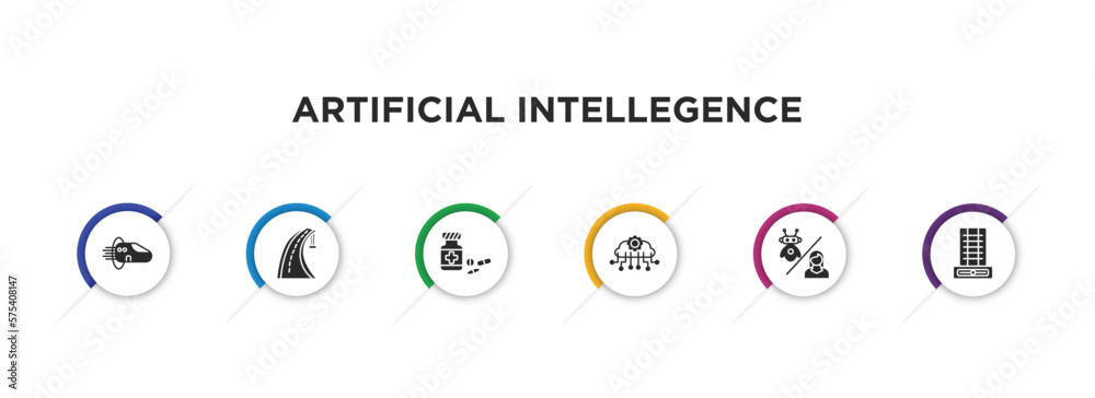 artificial intellegence filled icons with infographic template. glyph icons such as hyperloop, motorway, medicine, cloud intelligence, robots and humans, difference engine vector. artificial intellegence filled icons with infographic template. glyph icons such as hyperloop, motorway, medicine, cloud intelligence, robots and humans, difference engine vector.