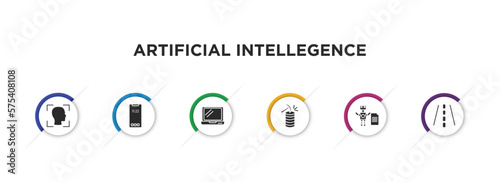 artificial intellegence filled icons with infographic template. glyph icons such as face recognition, smartphone, laptop, data mining, laws of robotics, road vector.