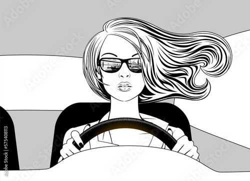 Engraved vintage drawing of Blonde young woman with flowing hair and holding the steering wheel inside while driving a car