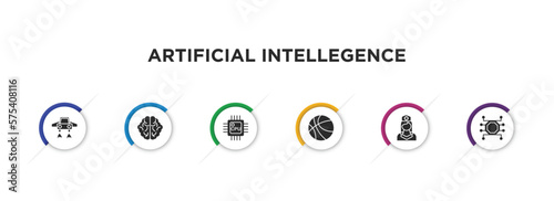 artificial intellegence filled icons with infographic template. glyph icons such as fyling vehicle, brain, cpu, ball, nurse, unsupervised learning vector.