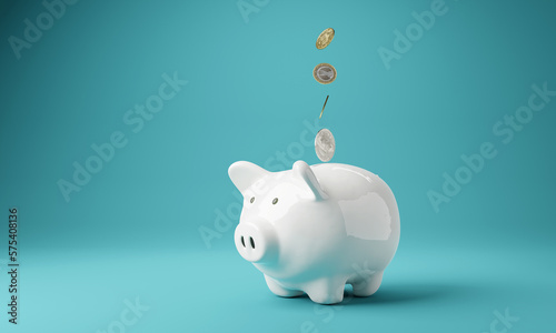 Piggy bank. Money box with falling coins. moneybox investing, 3D rendering