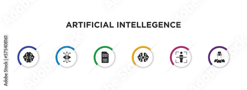 artificial intellegence filled icons with infographic template. glyph icons such as future brain, bionic eye, binary, ai brain, body scan, hover transport vector.
