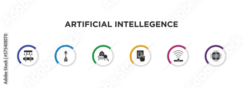 artificial intellegence filled icons with infographic template. glyph icons such as high speed tube, chess, microbots, biometrics, infrared, quantum computing vector.