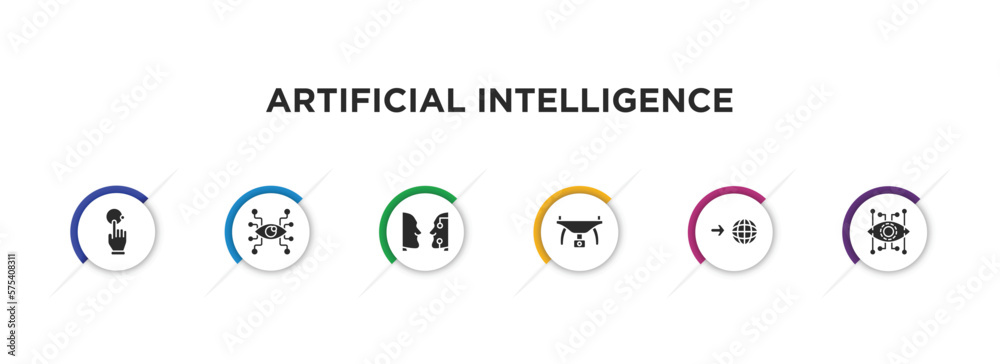 artificial intelligence filled icons with infographic template. glyph icons such as interactivity, eye tap, turing test, drone, visit, bionic vector. artificial intelligence filled icons with infographic template. glyph icons such as interactivity, eye tap, turing test, drone, visit, bionic vector.