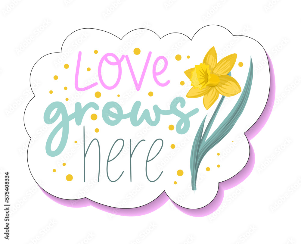 Love grows here. sticker with cute lettering and hyacinth. spring flowers hyacinth. Cute spring sticker for the planner Love grows here. sticker with cute lettering and hyacinth. spring flowers hyacinth. Cute spring sticker for the planner
