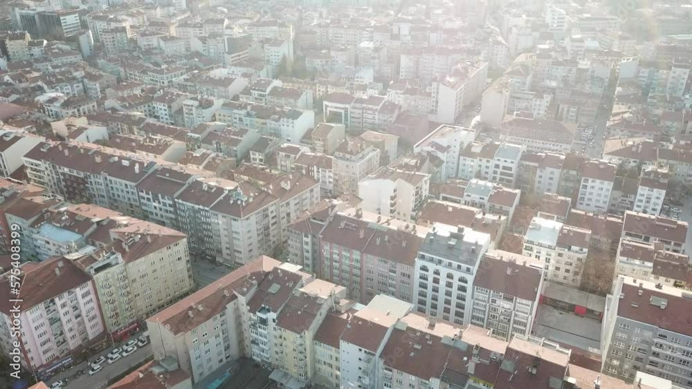 Aerial view of the city at sunset