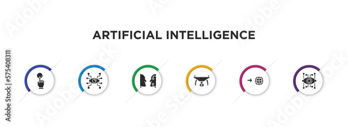 artificial intelligence filled icons with infographic template. glyph icons such as interactivity, eye tap, turing test, drone, visit, bionic vector.