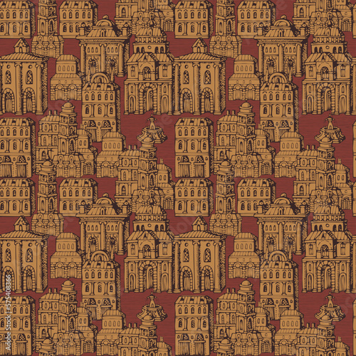 Vector seamless pattern with old hand drawn houses in retro style. Cityscape background with old style building facades and fountains, can be used as wallpaper, wrapping paper, textile, fabric