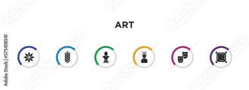 art filled icons with infographic template. glyph icons such as japanese ornament, cylindrical lamp, sculpture bust, japanese drawing, act, cutting tool selection vector.