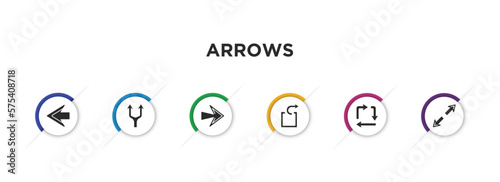 arrows filled icons with infographic template. glyph icons such as left arrow, splitting arrow, right, extract, square, diagonal vector.