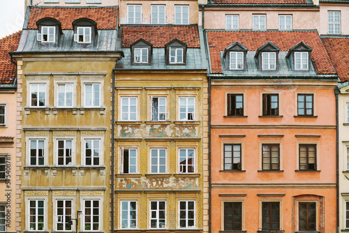 Facades of historic buildings in downtown of Warsaw, Poland