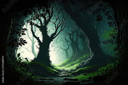 Shadows and sunlight filter through the trees of a dark forest. Centrally located, massive old tree. Lovely forest setting from a fairy tale. This is a surreal world. Generative AI