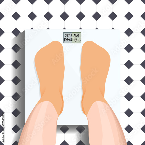 The concept of food addiction. Anorexia, bulimia. The girl weighs herself. A woman is standing on the scales in the bathroom with a happy mood, top view of her legs. measurement and control of weight.