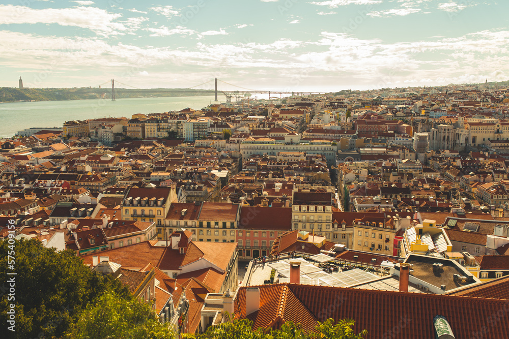Lanscape view on Lisbon city skyline with rooftops during the sunny day