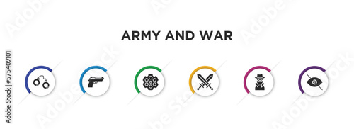 army and war filled icons with infographic template. glyph icons such as pair of handcuffs, pistol, chamber, combat, secret agent, stealth vector.