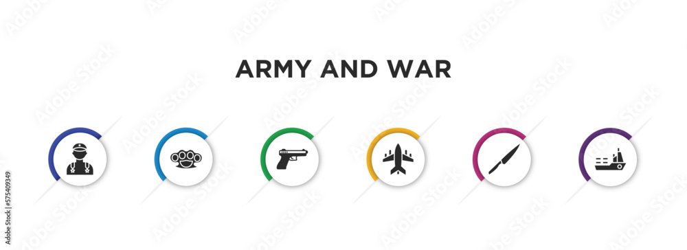 army and war filled icons with infographic template. glyph icons such as general, knuckle, , fighter plane, knife, ship vector. army and war filled icons with infographic template. glyph icons such as general, knuckle, , fighter plane, knife, ship vector.