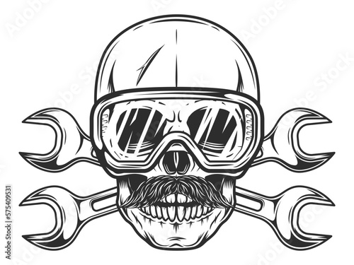 Skull witn mustache in safety glasses and body shop repair car and truck mechanic service tool crossed spanner or construction builder plumbing wrench vintage illustration